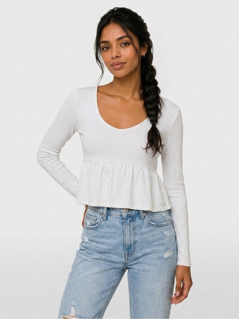 Me to We White/ Blue Long-Sleeve Peplum Scoop Neck Crop  Top size medium